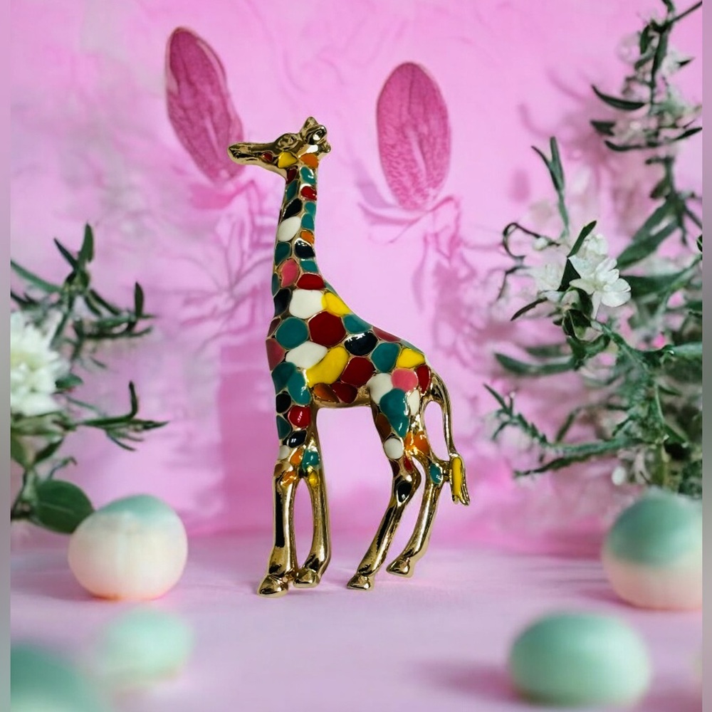 Colorful Mosaic Gold Tone Giraffe Brooch